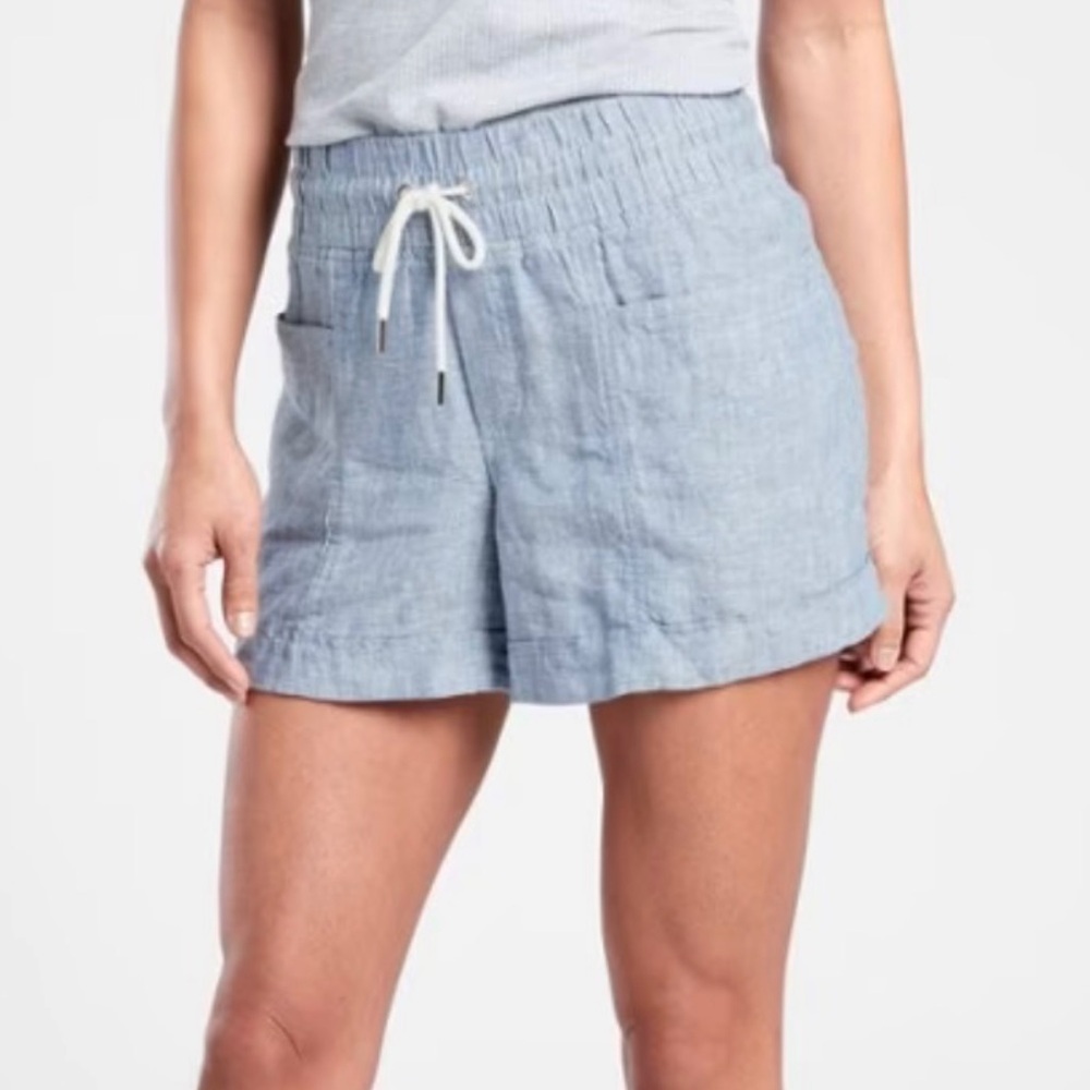 Athleta Cabo Linen Blue Drawstring Shorts Size 0 Travel Athletic Resortwear